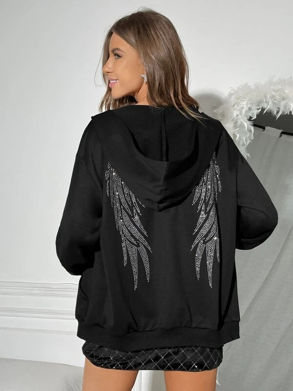 Damen nan Oversize Kapuzenpullover mit funkelndem Strass-Engelsflügel-Rücken Drune
