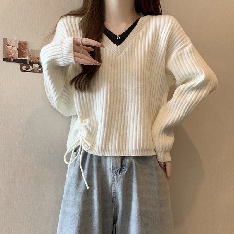 Damen gemütlicher V-Ausschnitt Strickpullover mit feiner Rippstruktur und lässigem Schnitt Drune