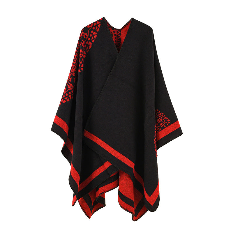 Damen Oversize Strickponcho mit grafischem Jacquardmuster Drune