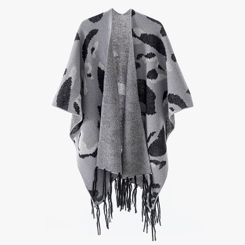 Damen Oversize-Strickponcho mit animalischem Jacquard und Fransensaum Drune
