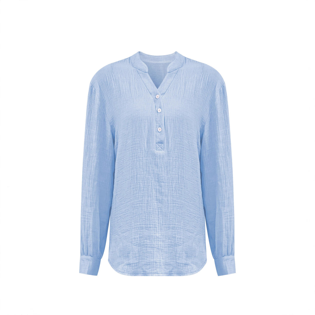 Damen Oversize Texturierte Baumwollbluse mit Henley-Knopfleiste Drune