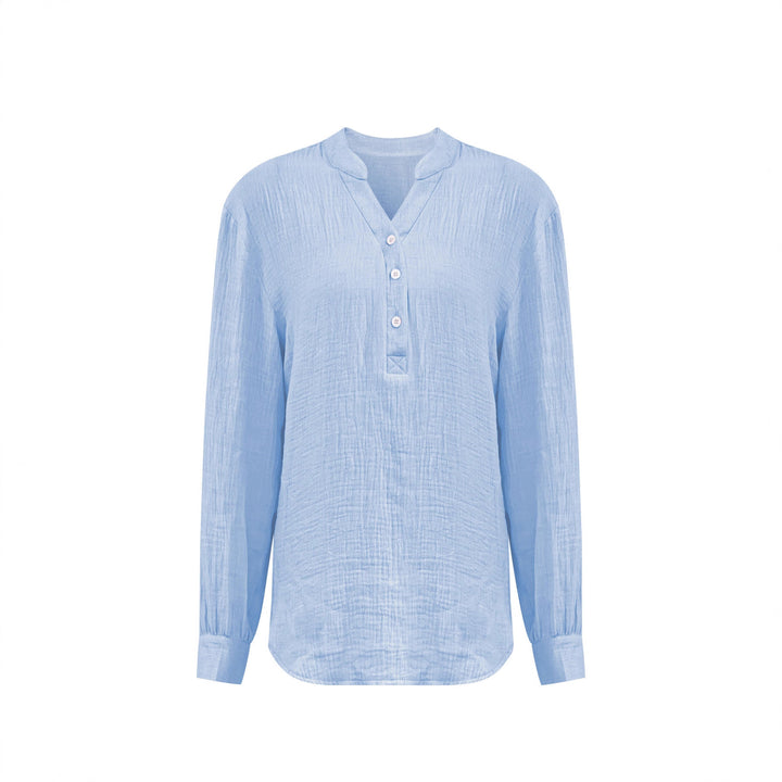 Damen Oversize Texturierte Baumwollbluse mit Henley-Knopfleiste Drune