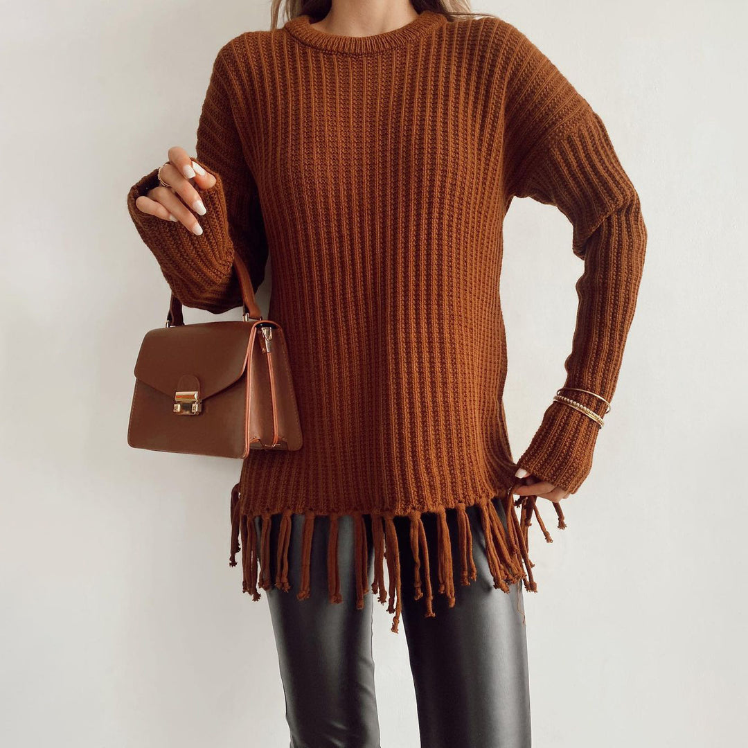 Damen lässiger Rippstrick-Pullover mit Fransen-Saum und Oversize-Silhouette Drune
