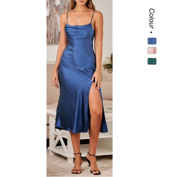 Damen Satin Maxikleid mit elegantem Schlitz und verstellbaren Trägern Drune