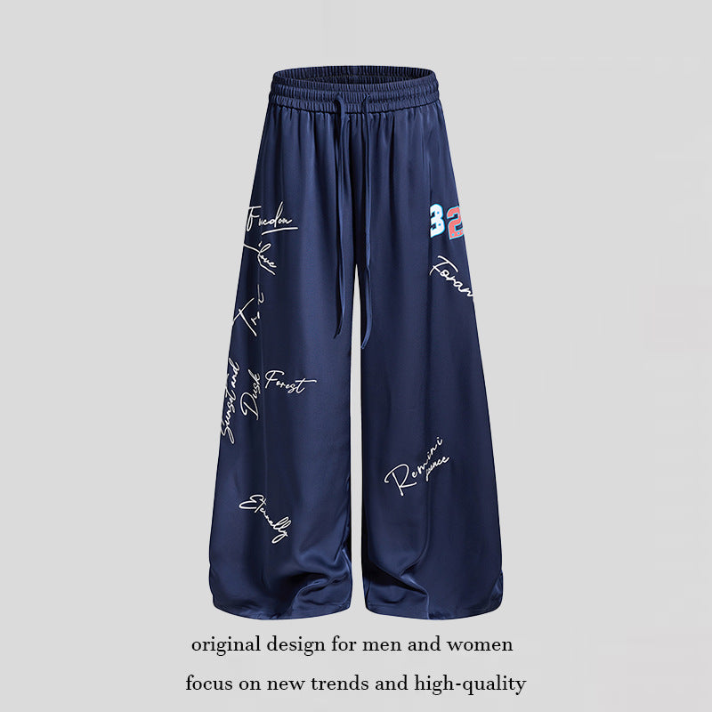 Damen Weite Satin-Palazzo-Loungehose mit Elastikbund, Kordelzug und Script-Print Drune