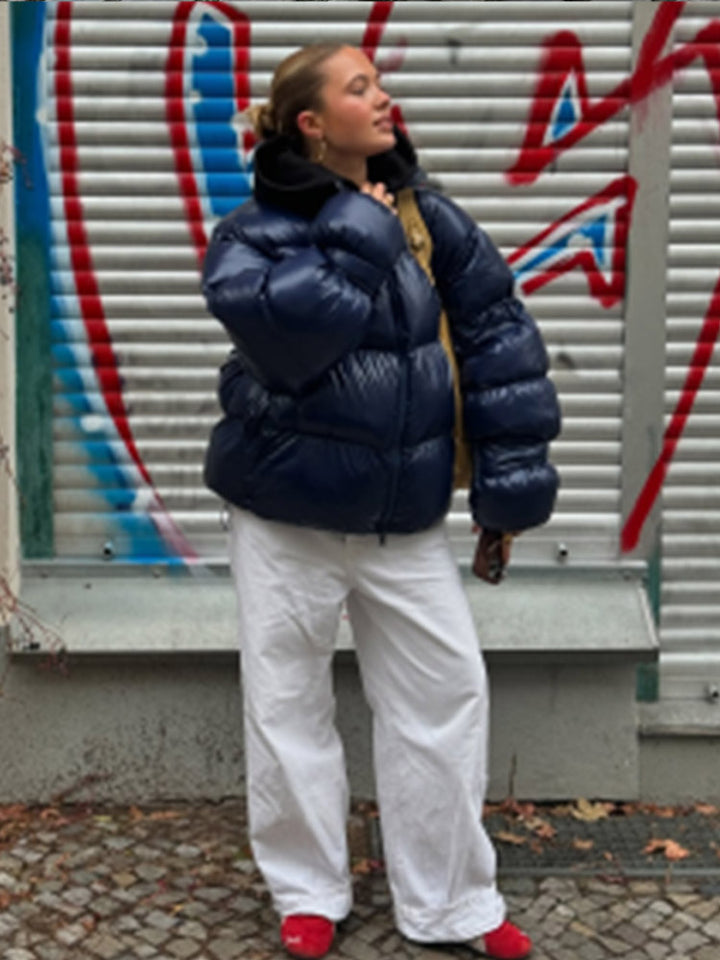 Damen Glänzende Oversize-Steppjacke mit Kapuze und hohem Stehkragen Drune