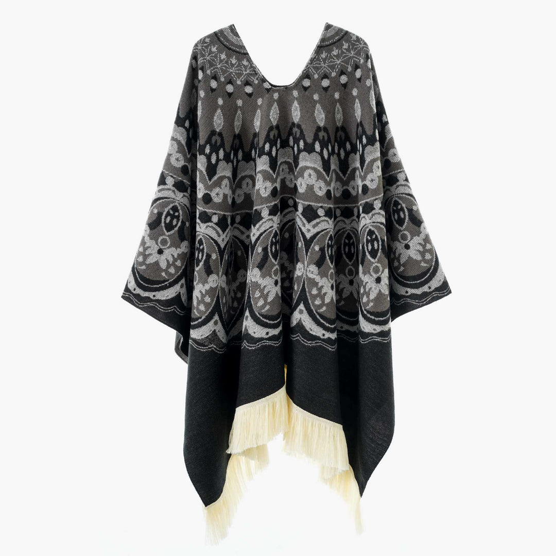 Damen Gewebter Jacquard-Poncho mit V-Ausschnitt, Ethno‑Print und Fransen Drune
