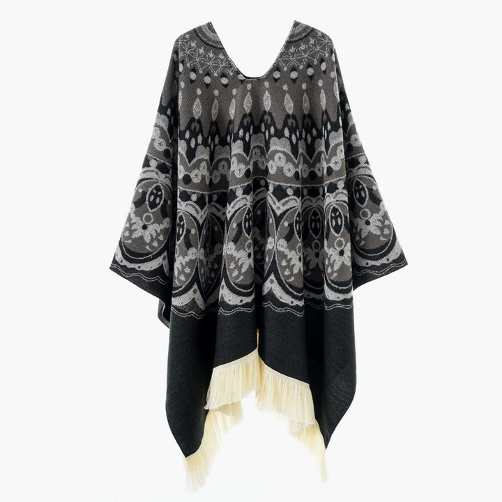 Damen Gewebter Jacquard-Poncho mit V-Ausschnitt, Ethno‑Print und Fransen Drune