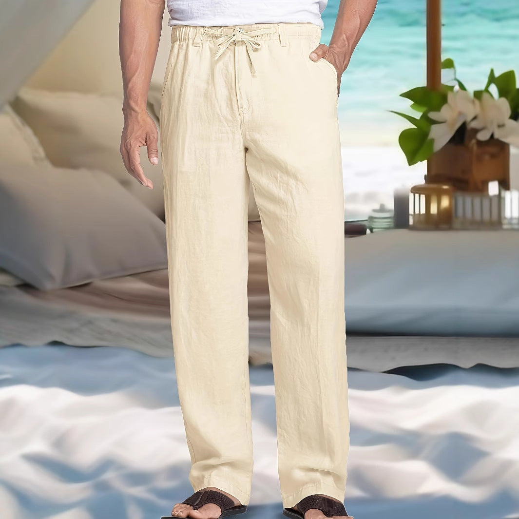 Herren Leichte Leinen-Baumwoll-Hose mit elastischem Bund, Kordelzug und geradem Bein Drune