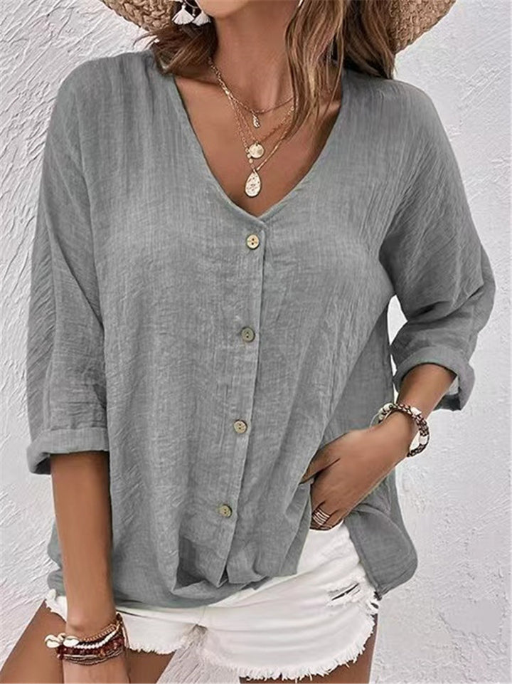 Damen lockere V-Ausschnitt Bluse im Leinenlook mit Knopfleiste und hochrollbaren Dreiviertelärmeln Drune