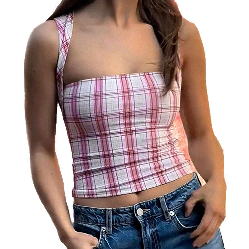 Damen figurbetontes Karo-Top mit elegantem Schnitt und transparenten Einsätzen Drune