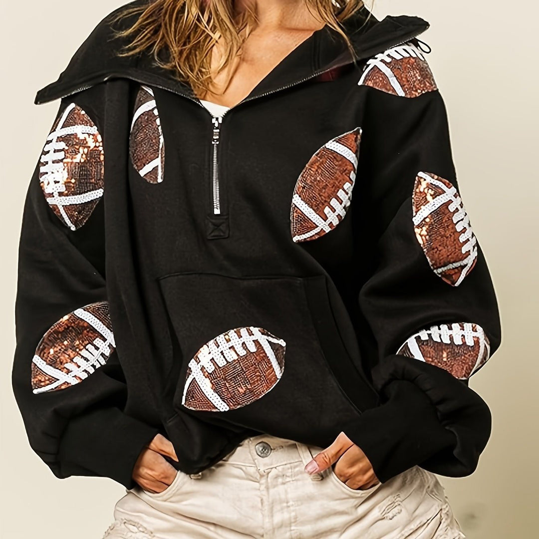 Damen Oversized Kapuzenpullover mit halbem Reißverschluss und Pailletten‑Football-Applikation Drune