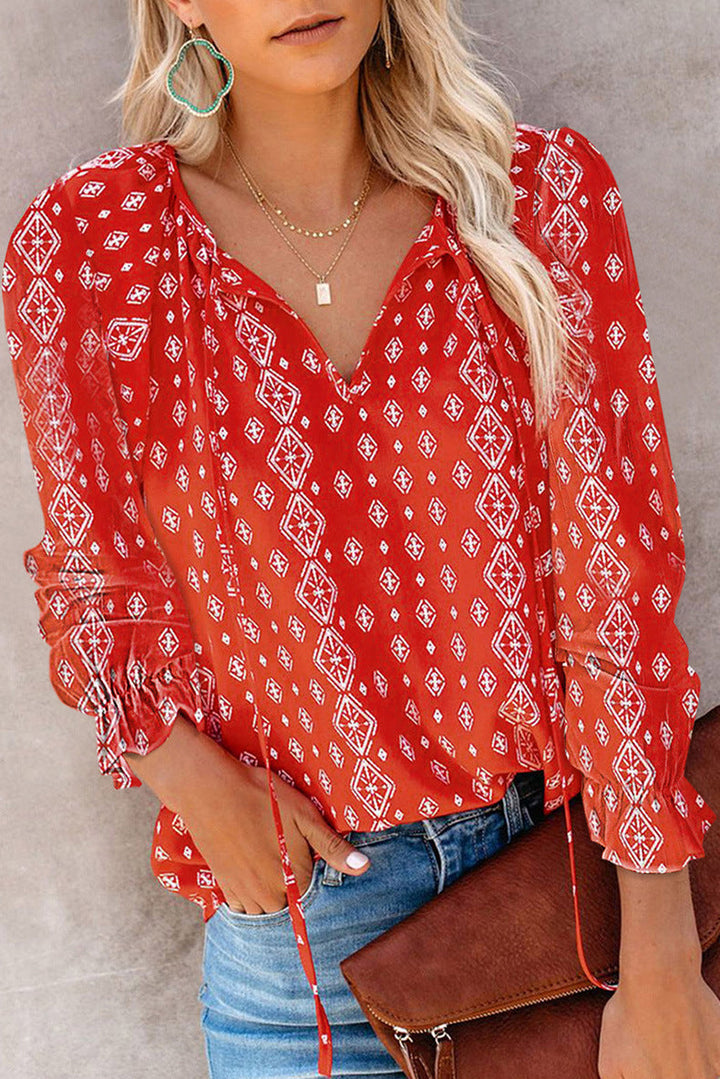 Damen Bluse mit Rüschendetails und tiefem V-Ausschnitt Drune