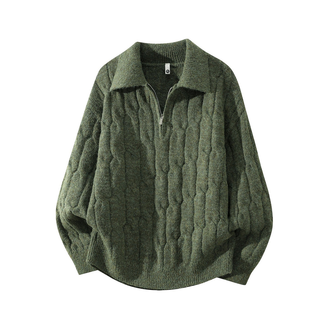 Unisex Oversize Zopfstrickpullover mit Halbreißverschluss und Hemdkragen Drune