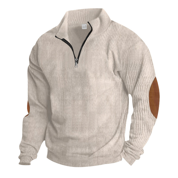 Herren nan gerippter Feinstrick-Pullover mit kurzem Reißverschluss Stehkragen und Lederoptik-Ellbogenpatches Drune