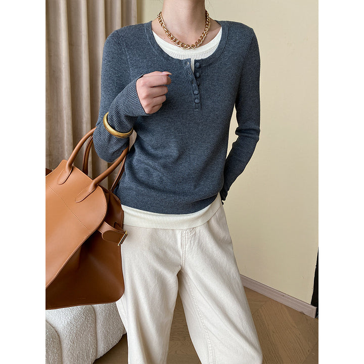 Damen lässiges Langarm-Henley-Pullover mit feiner Rippstruktur Drune