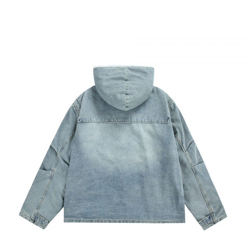 Unisex Kapuzen-Jeansparka im Used‑Look mit Teddyfleece-Futter und aufgesetzten Pattentaschen Drune