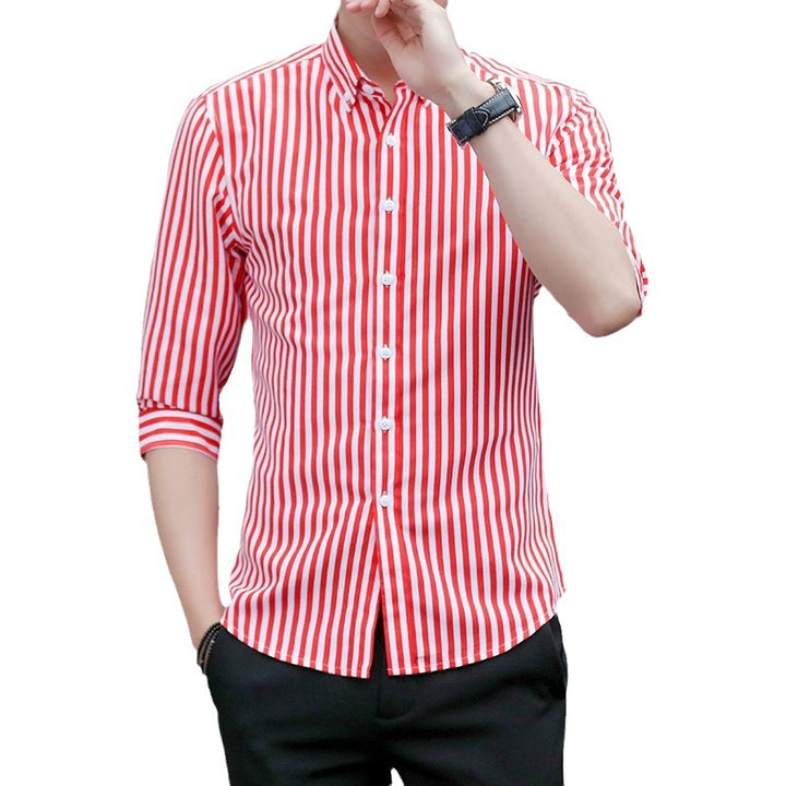 Herren Gestreiftes Button-Down-Hemd mit Kentkragen und Dreiviertelärmeln in tailliertem Casual-Schnitt Drune