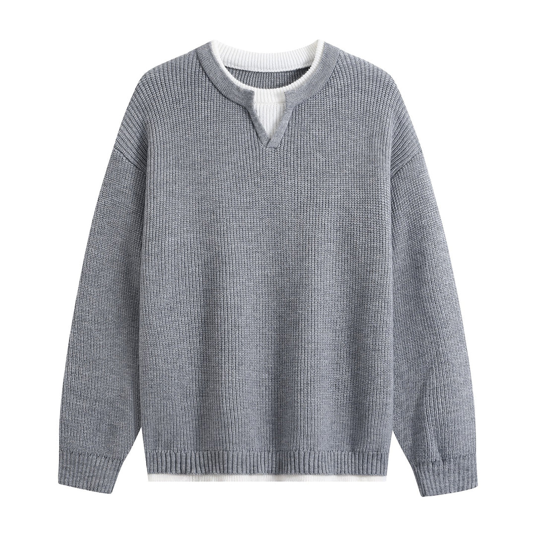 Herren Oversize-Strukturstrick-Pullover mit V‑Einsatz am Rundhals Drune