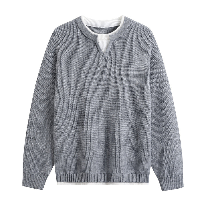 Herren Oversize-Strukturstrick-Pullover mit V‑Einsatz am Rundhals Drune