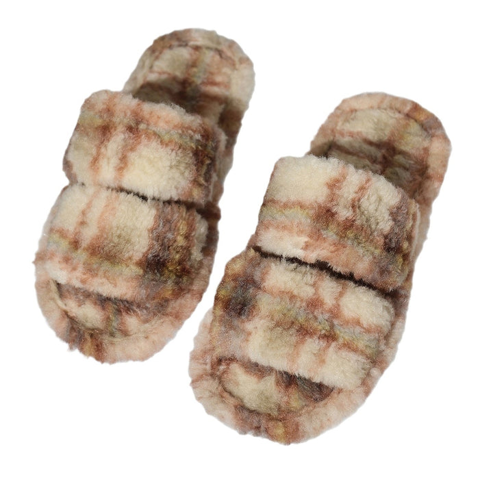 Damen bequeme Hausschuhe aus flauschigem Material mit doppeltem Riemen Drune