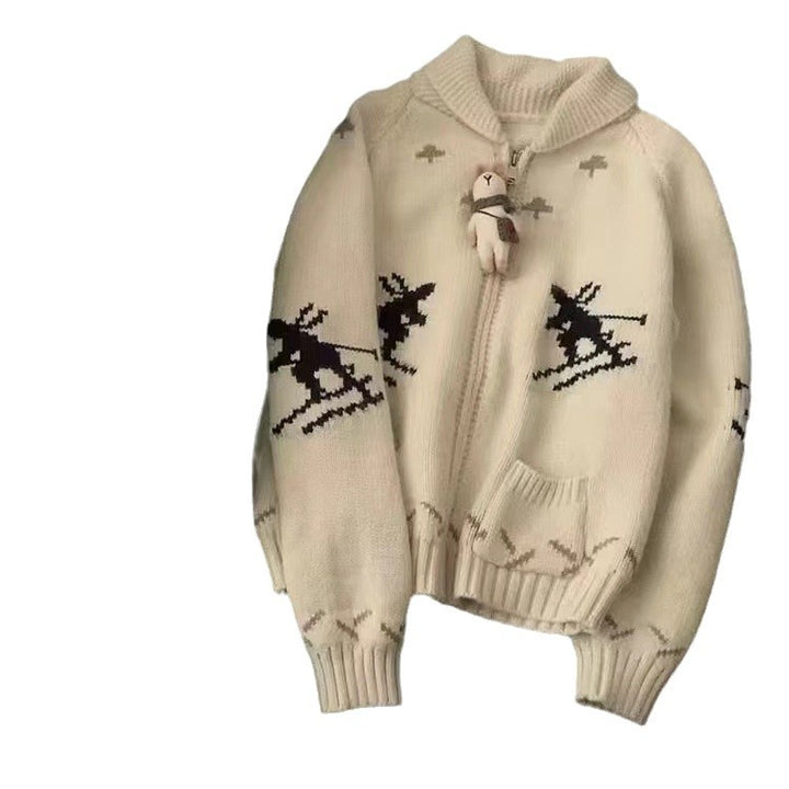Damen Kuschelige Strickjacke mit tierischem Muster und Reißverschluss Drune