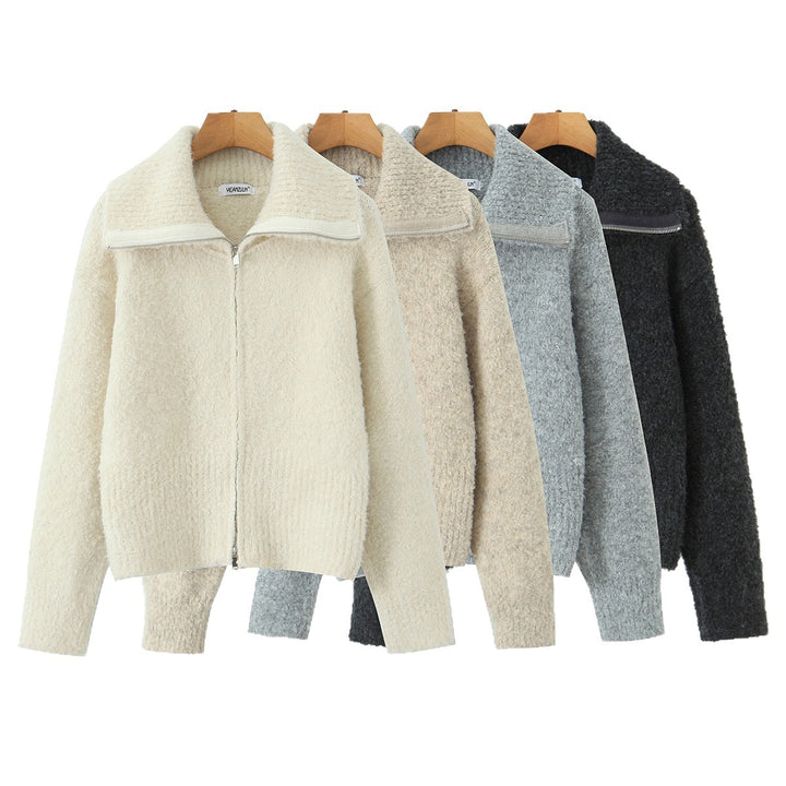 Damen kurze gezippte Strickjacke mit Stehkragen und Rippenbund Drune