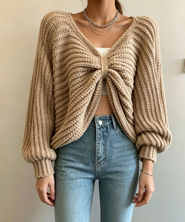 Damen Cropped Strickcardigan mit Knotendetail und Ballonärmeln Drune