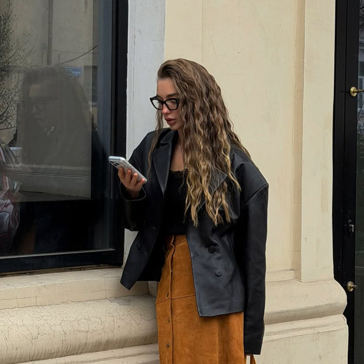 Damen Modischer Blazer-Bomber aus veganem Lederimitat mit doppeltreihiger Front Drune