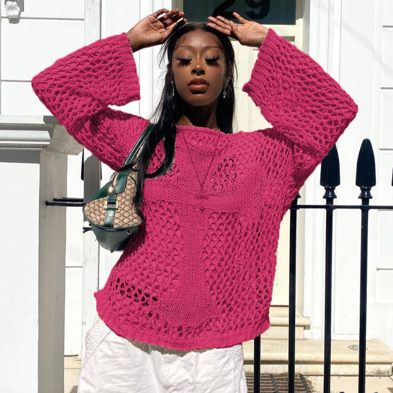 Damen luftiger Strickpullover mit offenem Netzdesign Drune