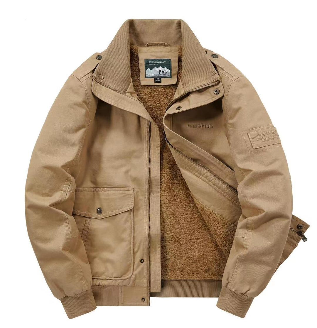 Herren Thermo-Canvasblouson mit durchgehendem Teddyfutter, Rippkragen und Utility‑Pattentaschen Drune