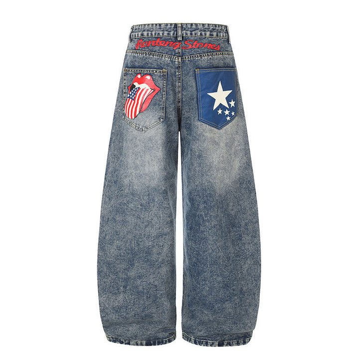 Damen High‑Waist Weite Palazzo-Jeans mit Statement-Patches und Retro-Embelishments Drune