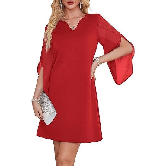 Damen V-Ausschnitt Kleid mit transparenten Ärmeln Drune