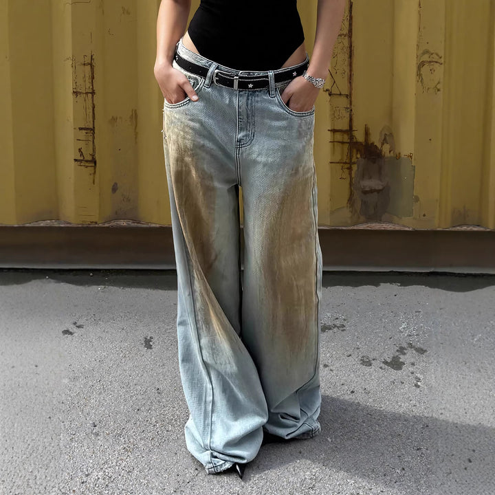Damen Extraweite Jeanshose mit tiefem Bund, weitem Schlag und Used-Waschung Drune