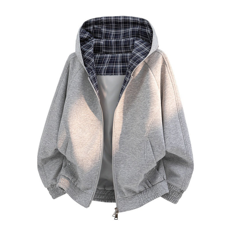 Damen lässiger Sweat-Bomber mit gesteppter Karofütterung in Kapuze und elastischem Saum Drune