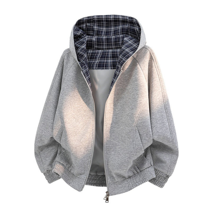 Damen lässiger Sweat-Bomber mit gesteppter Karofütterung in Kapuze und elastischem Saum Drune