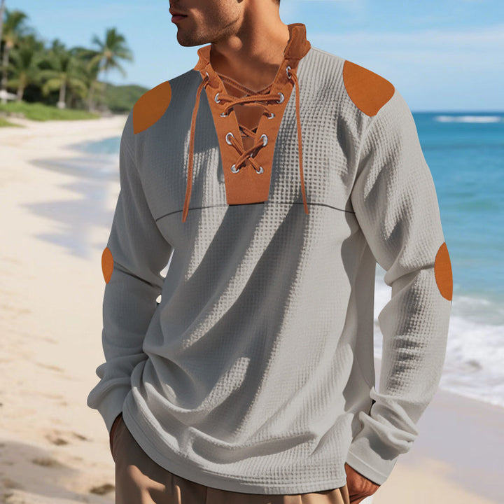 Herren lässiges Langarm-Henley-Shirt mit ausgefallenem Schnürdesign und kontrastrierenden Ellenbogen-Patches Drune