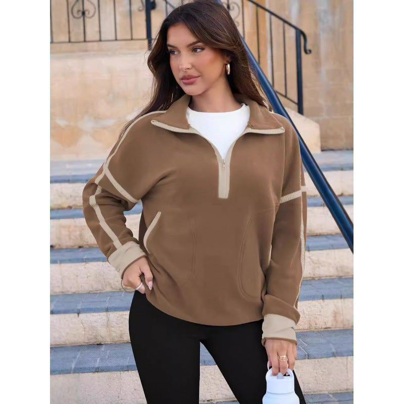 Damen Fleecpullover mit halbem Reißverschluss und kontrastierenden Ärmeln Drune