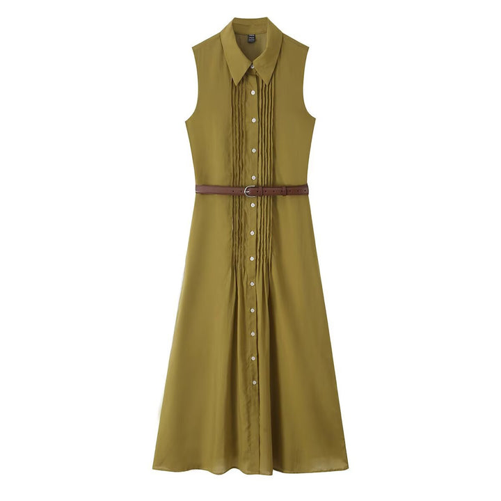 Damen Ärmelloses Hemdblusenkleid mit Kellerfalten, durchgehender Knopfleiste und Taillengürtel Drune