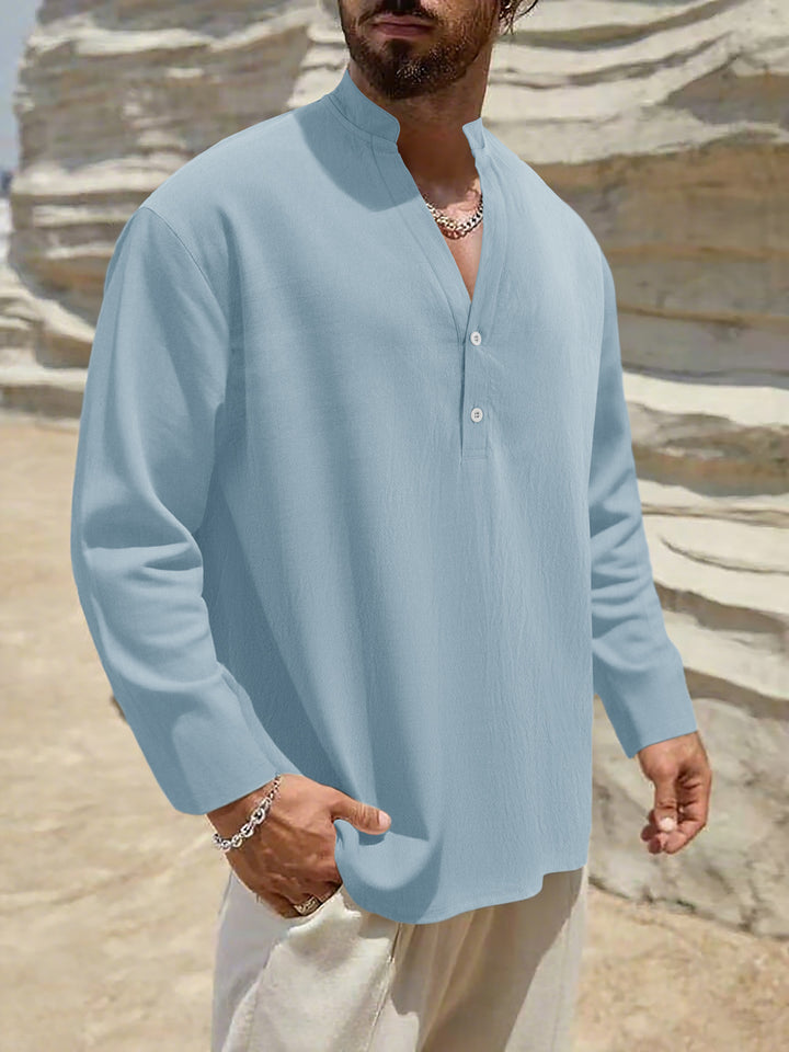 Herren Leichtes Leinen-Henley mit Stehkragen und 2-Knopf-Blende Drune