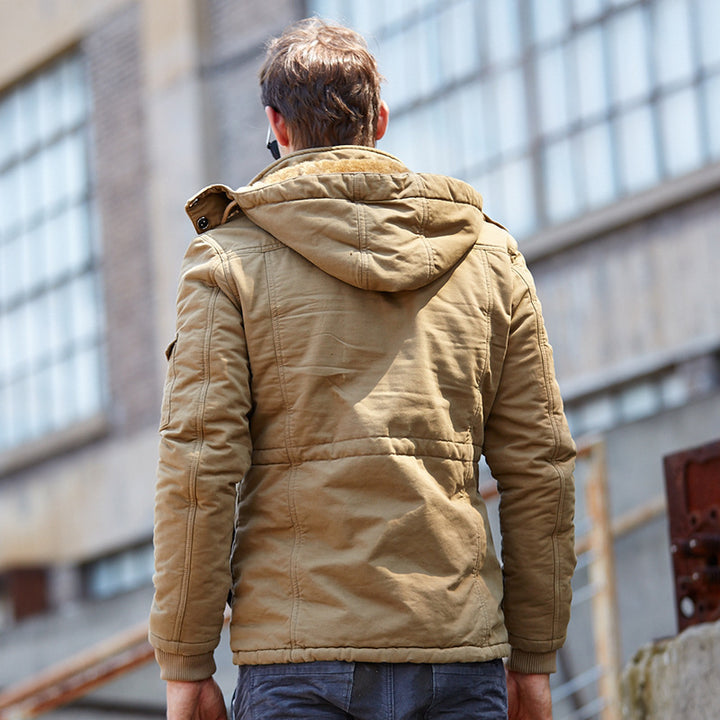 Herren Robust verarbeitete Fieldjacke mit Kapuze Kordelzug und Multifachtaschen Drune