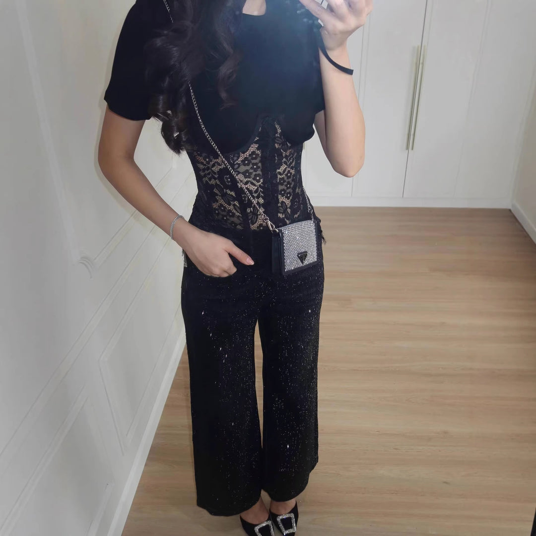 Damen nan T-Shirt mit eingesetztem Spitzenkorsett und konturierter Bügelnaht Drune