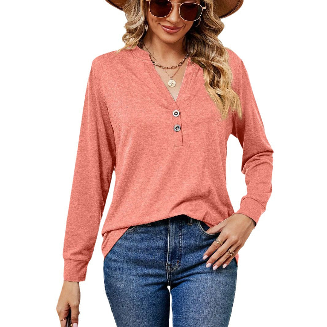 Damen Langarmtop mit modischem Henley-Ausschnitt und Knopfdesign Drune