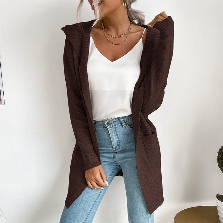 Damen Langärmlige Strickjacke mit Kapuze und seitlichen Taschen Drune