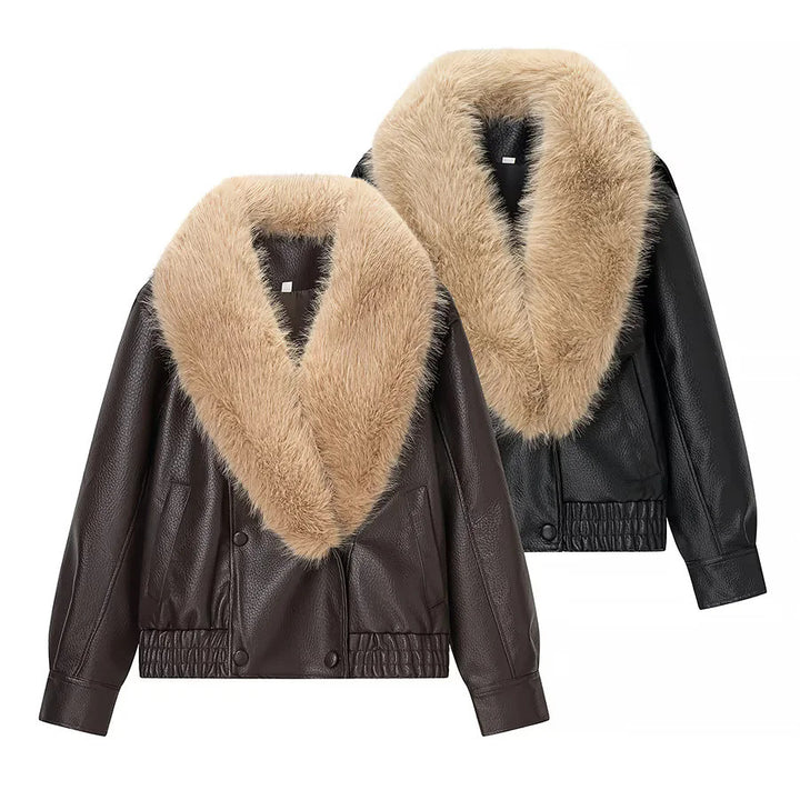 Damen nan kurz geschnittener Kunstleder-Blouson mit voluminösem Kunstfell-Schalkragen Drune