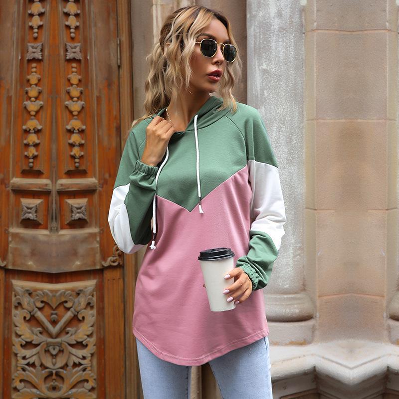 Damen Oversize Colorblock Kapuzenpullover mit Raglanärmeln und Tunnelzug Drune