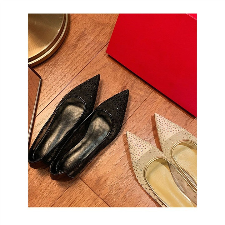Damen Elegante spitz zulaufende Mesh-Ballerinas mit Kristallbesatz und goldener Einfassung Drune