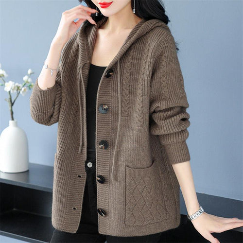 Damen Strickjacke mit Kapuze und Zopfmuster Drune