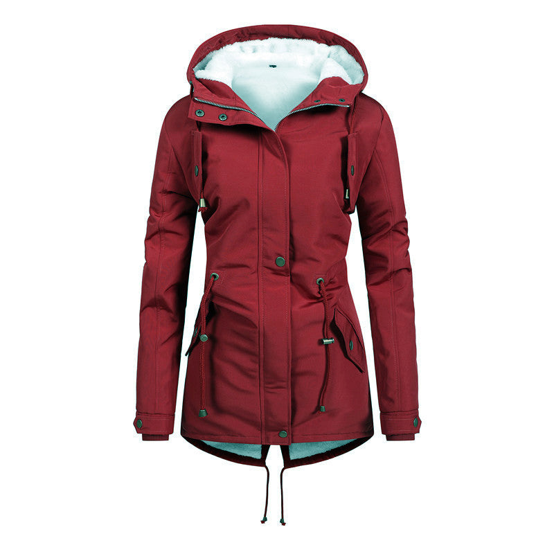 Damen Taillierter Parka mit Teddyfutter, verstellbarer Kapuze und Tunnelzug Drune