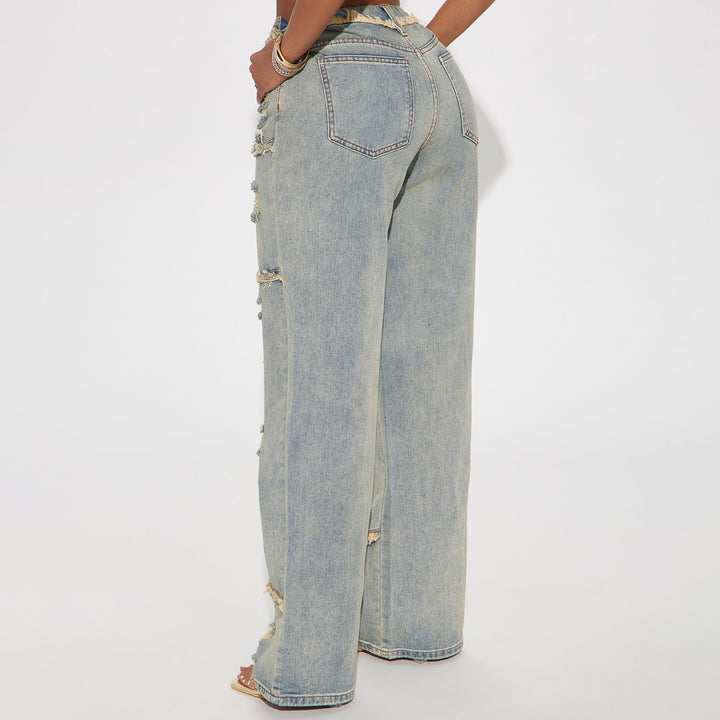 Damen Hochtaillierte Oversize-Jeans mit weitem Bein und ausgefransten Rissen Drune
